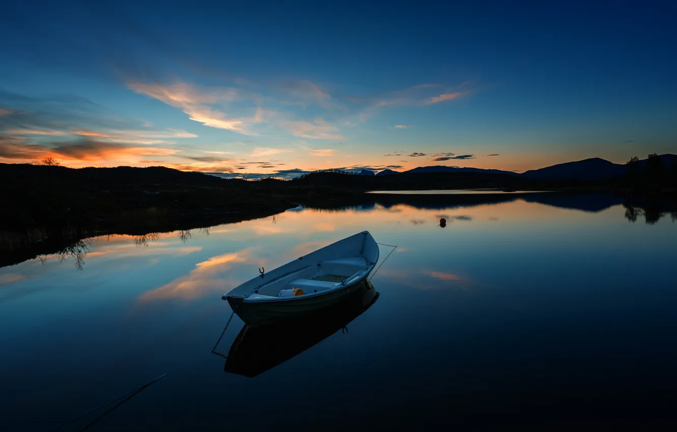 Photo wallpaper the sky, clouds, landscape, sunset, mountains, nature, lake, boat