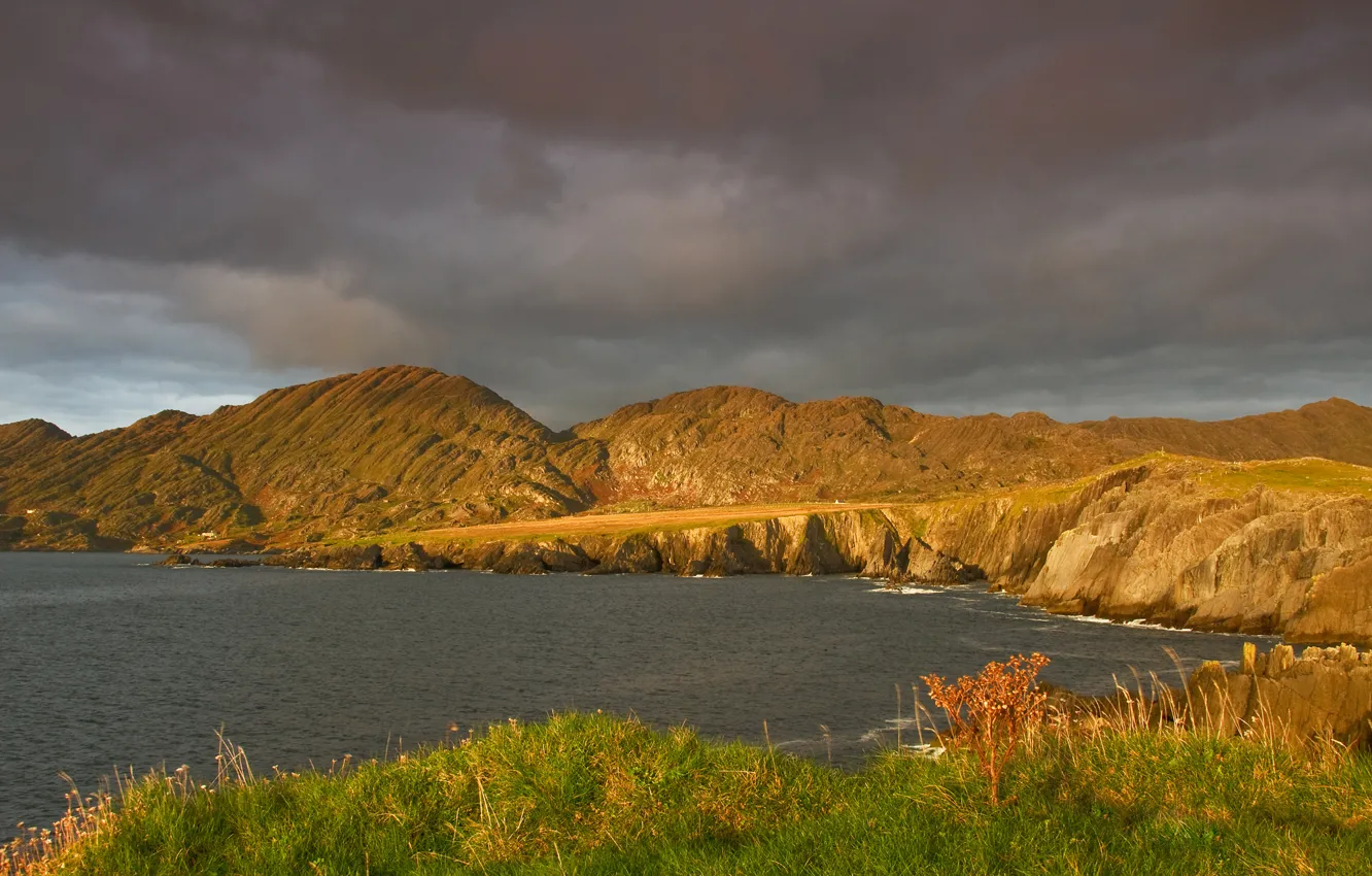 Photo wallpaper autumn, the sky, grass, mountains, clouds, lake