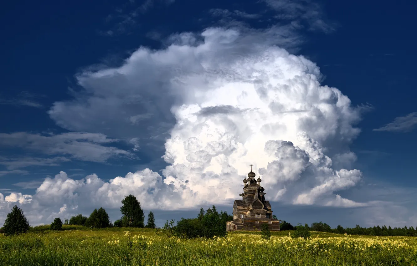 Photo wallpaper the sky, clouds, trees, meadow, Church, Russia, grove