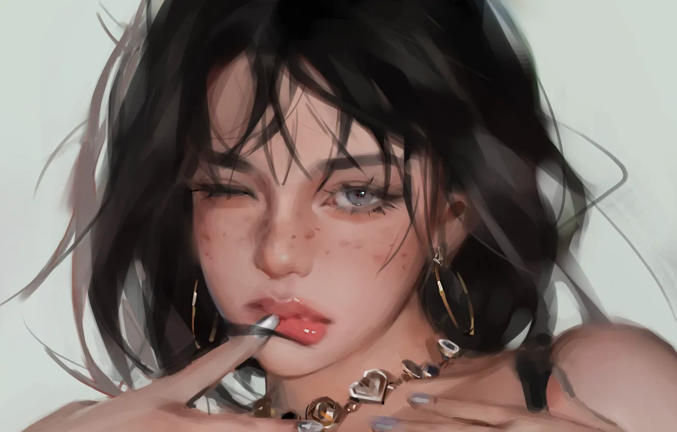 Photo wallpaper long hair, face, artwork, necklace, closeup, earring, simple background, looking at viewer