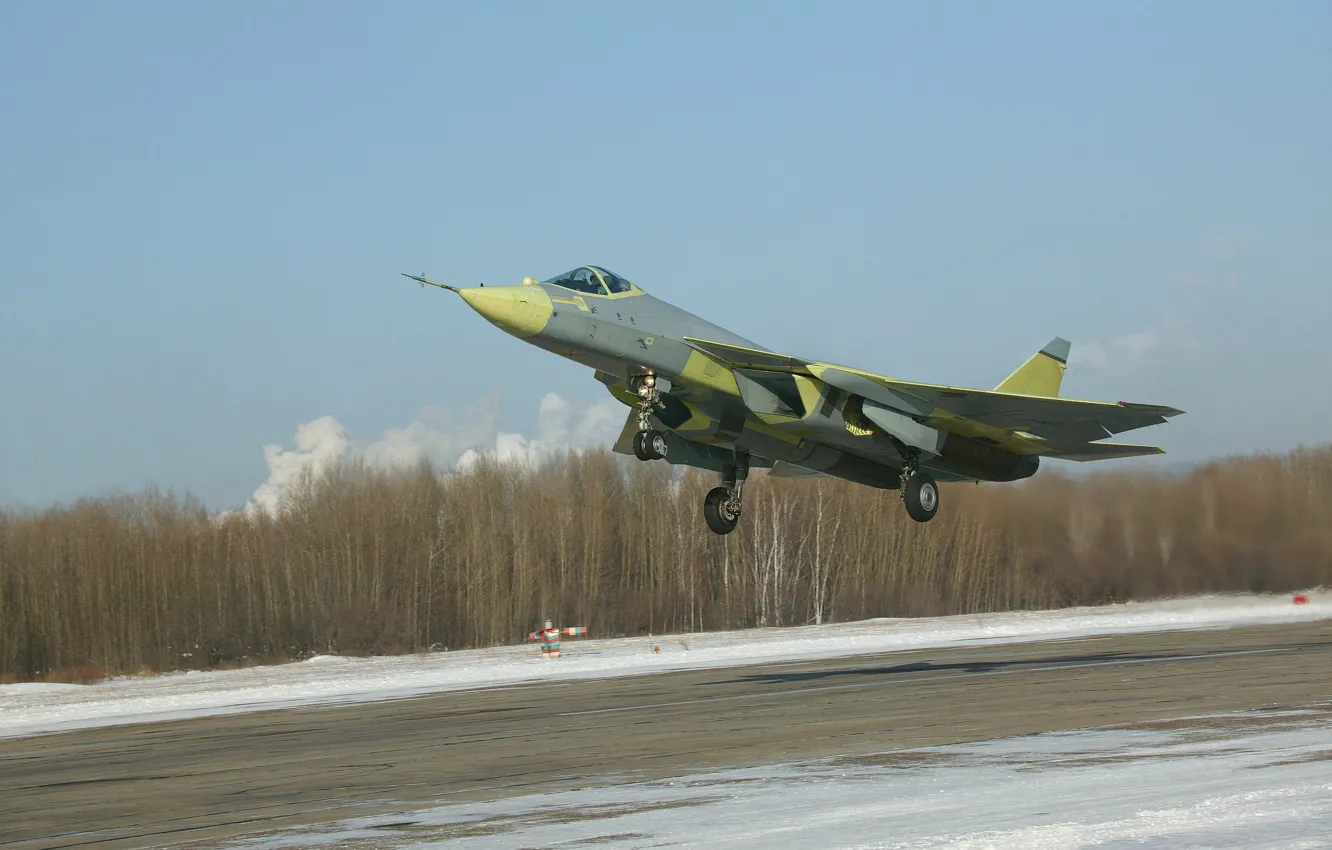 Photo wallpaper Winter, The plane, Fighter, Day, Russia, T-50, Aviation, BBC