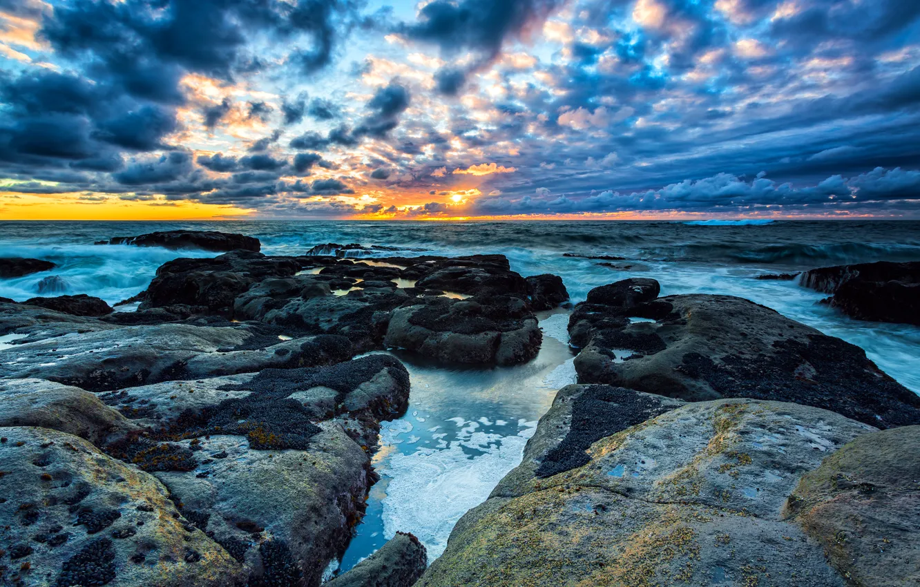 Photo wallpaper beach, the sky, clouds, stones, shore, morning