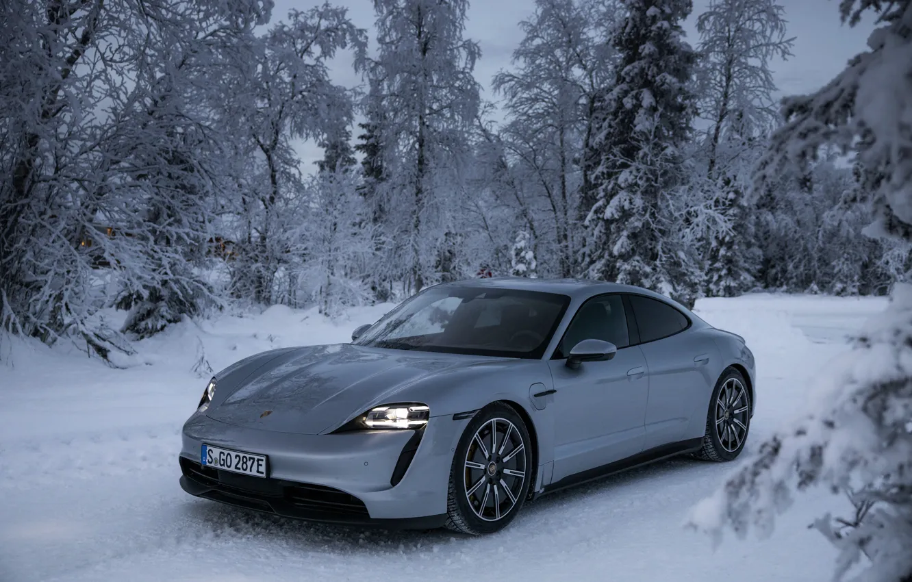 Photo wallpaper winter, road, snow, trees, grey, Porsche, 2020, Taycan