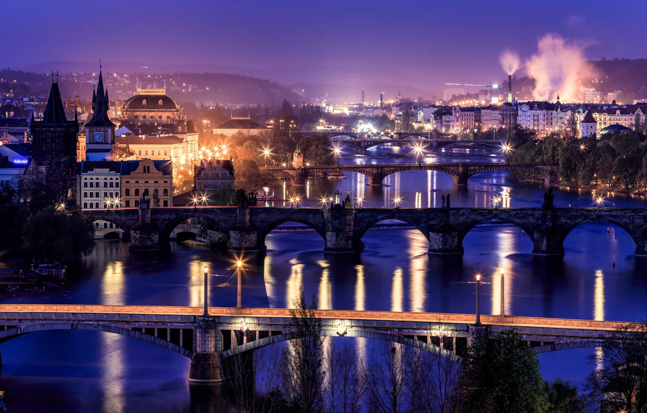 Photo wallpaper night, bridge, river, Prague