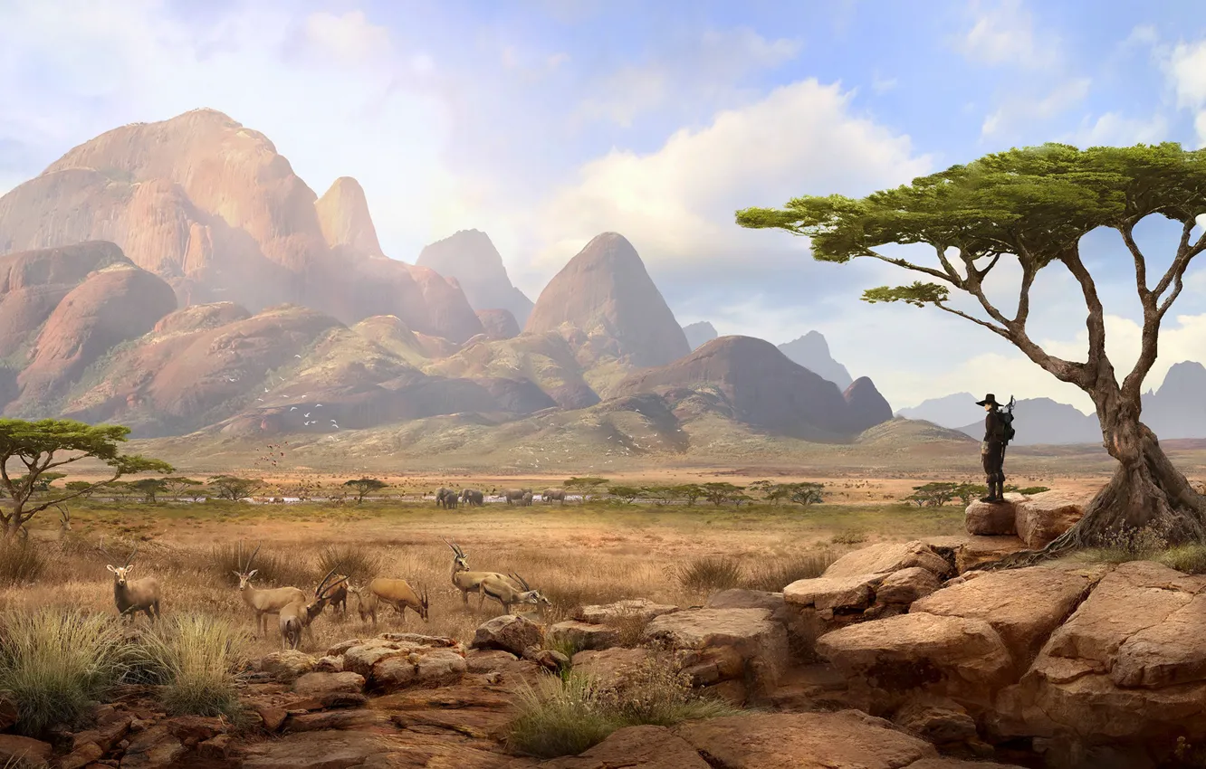 Photo wallpaper mountains, traveler, Solomon Kane, Africa Landscape, savannah
