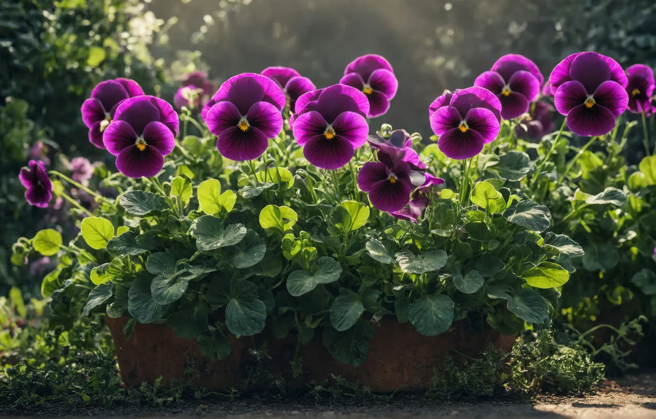 Photo wallpaper greens, purple, light, flowers, spring, garden, Pansy, flowerbed