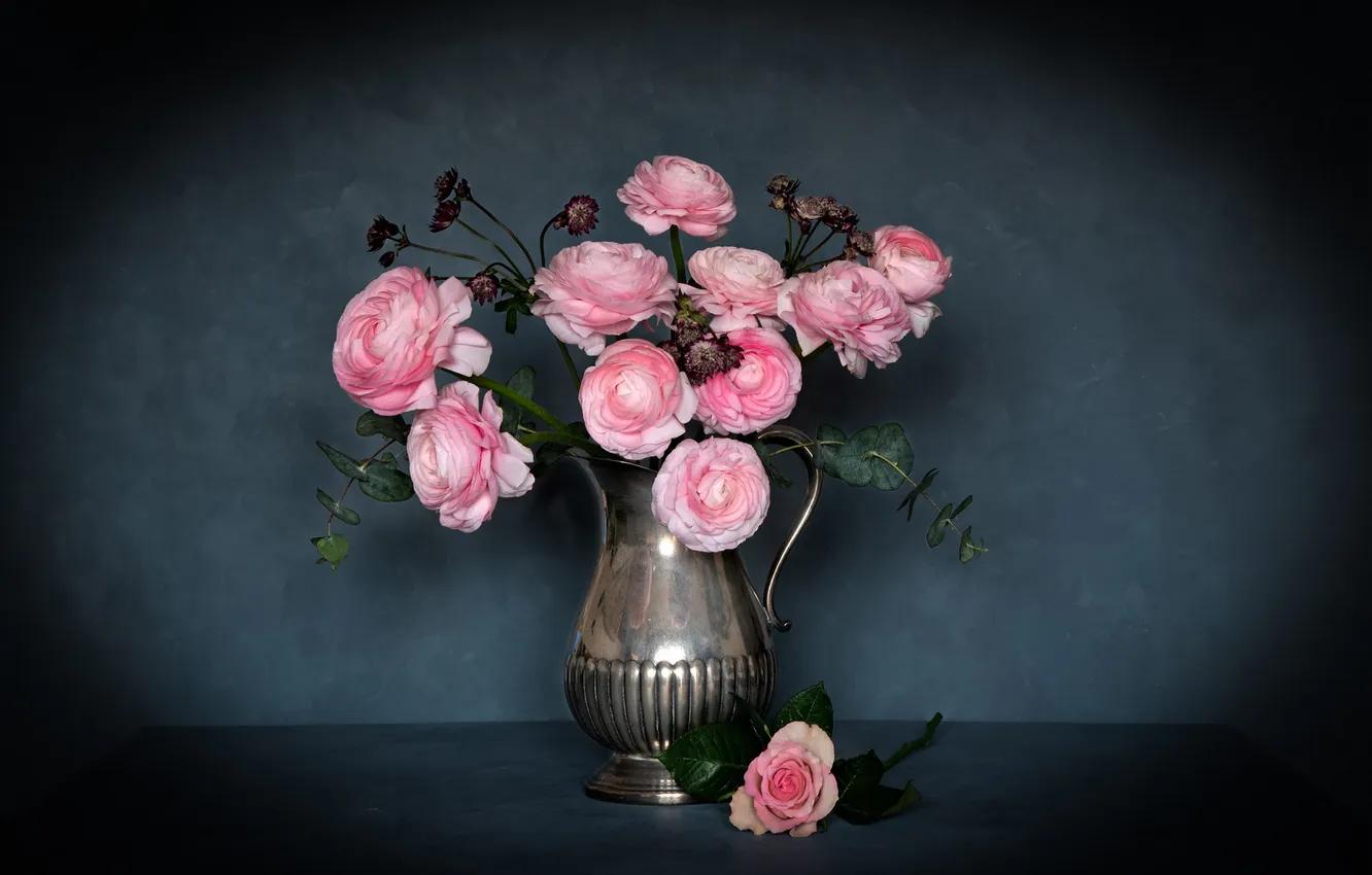 Photo wallpaper flowers, metal, the dark background, table, bouquet, vase, pink, pitcher