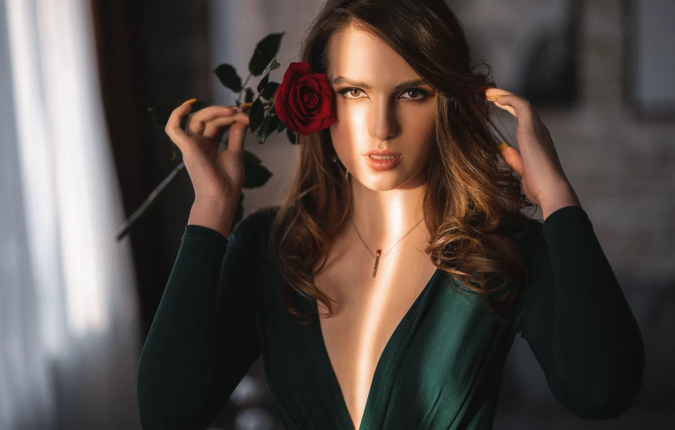 Photo wallpaper flower, look, girl, face, pose, rose, hands, neckline