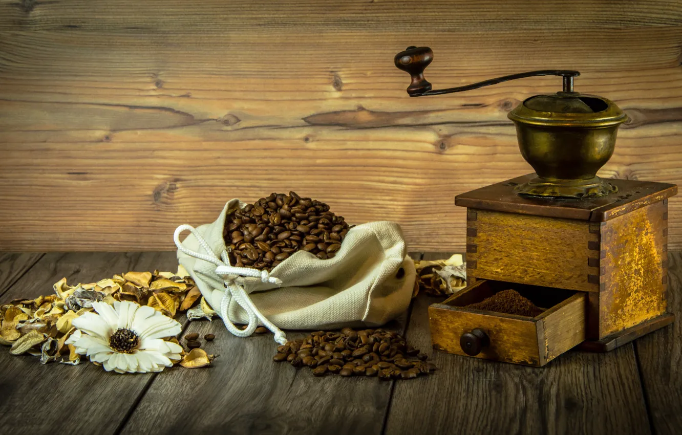 Photo wallpaper bag, wood, coffee beans, Still life, coffe