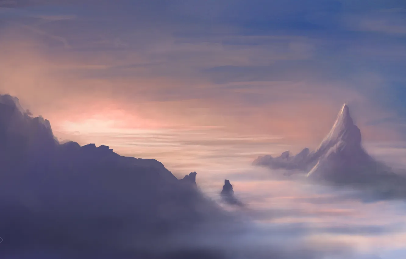 Photo wallpaper clouds, mountains, tops, height, art, peak
