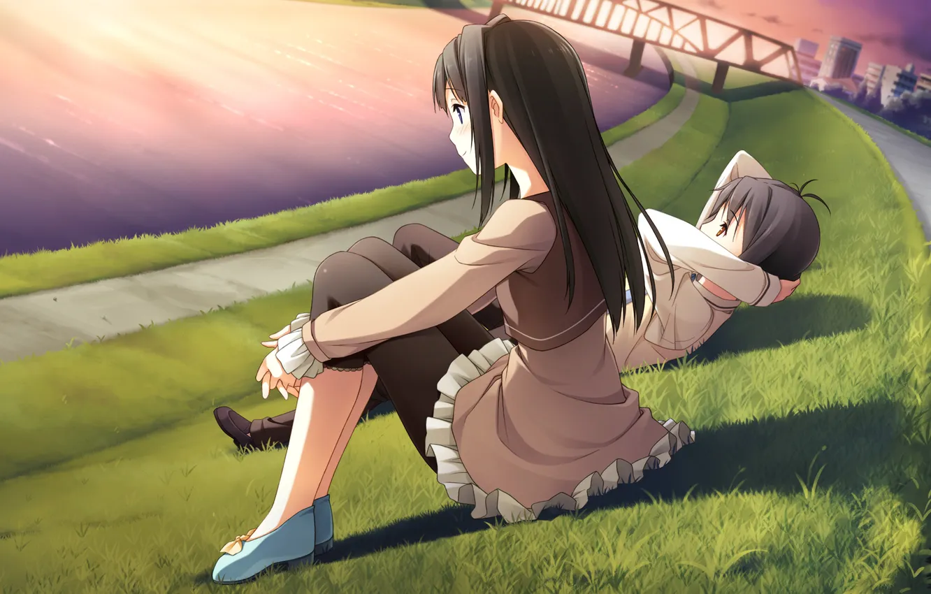 Photo wallpaper girl, sunset, river