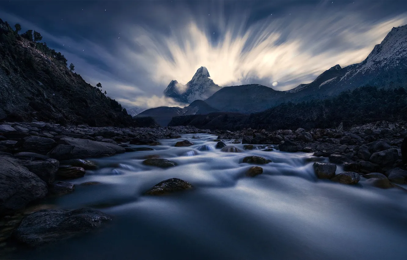 Photo wallpaper sky, landscape, smoke, view, clouds, mountain, Grenland