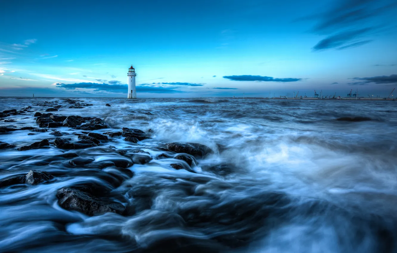 Photo wallpaper sea, the sky, clouds, stones, lighthouse, crane, port