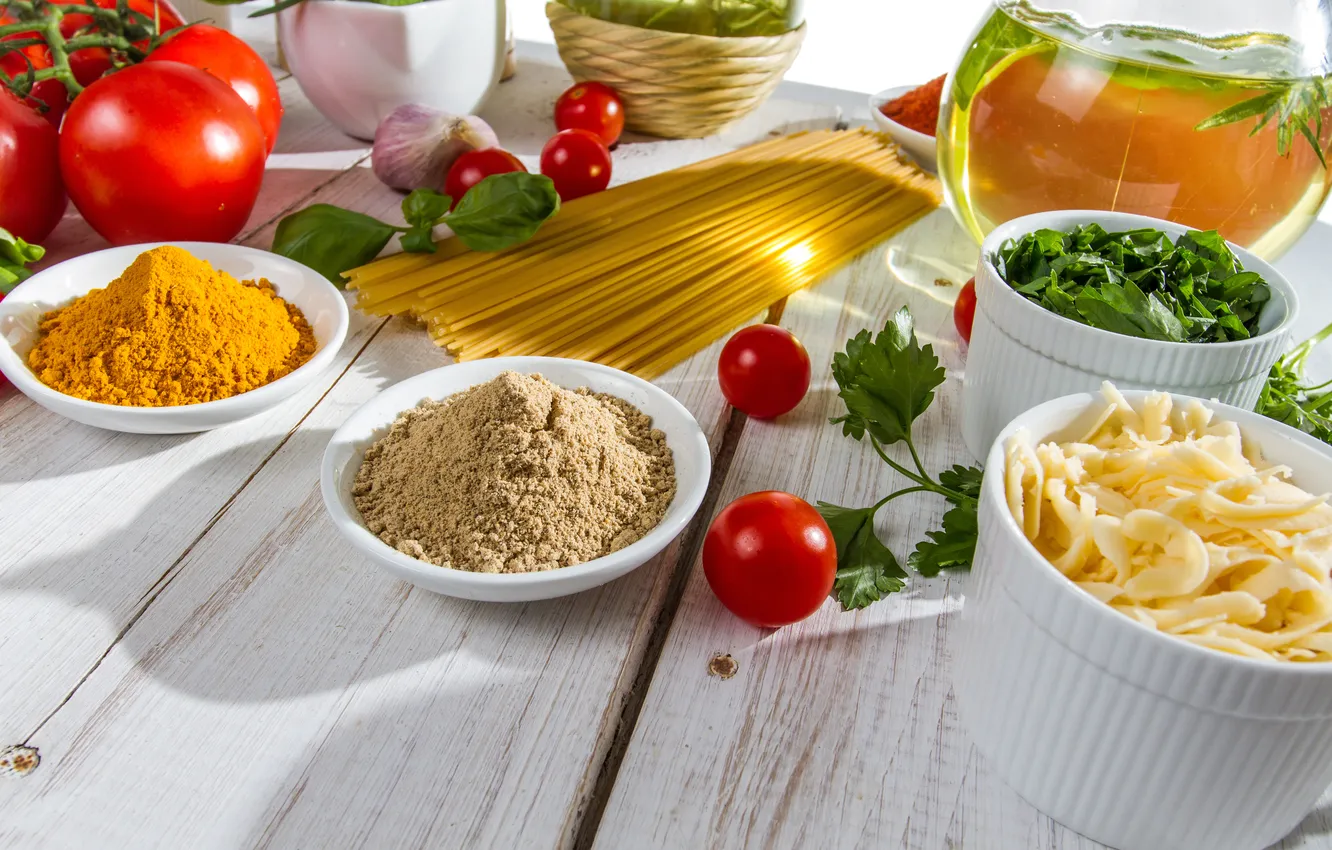 Photo wallpaper greens, oil, cheese, tomatoes, spaghetti, seasoning