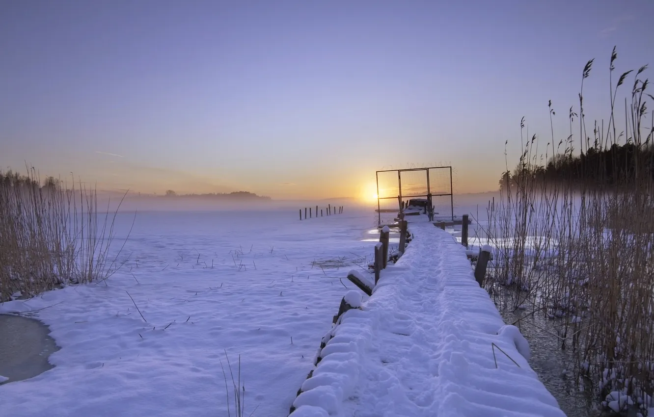 Photo wallpaper winter, bridge, lake, morning