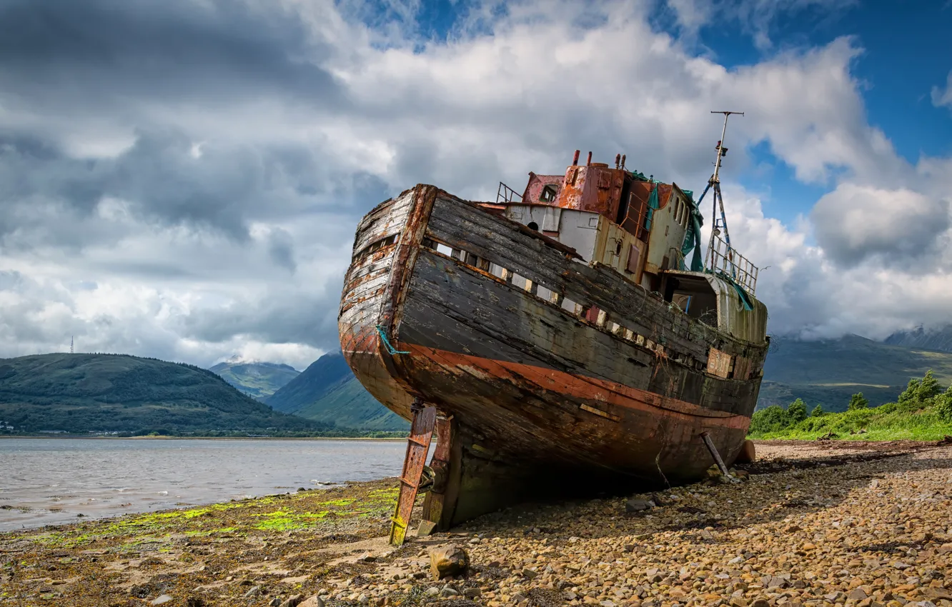 Photo wallpaper the sky, clouds, stones, hills, shore, view, ship, Scotland