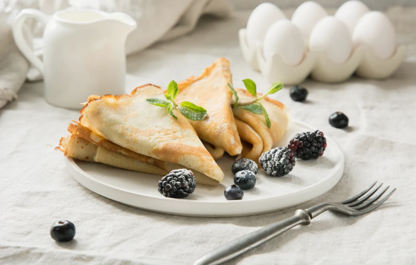 Photo wallpaper berries, honey, pancakes, mint