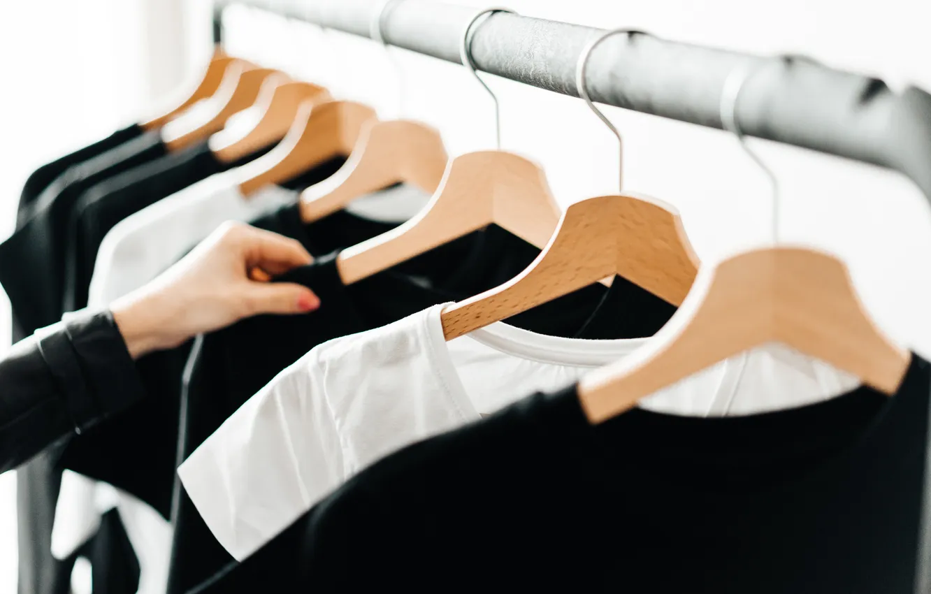 Photo wallpaper white, black, clothes, coat rack