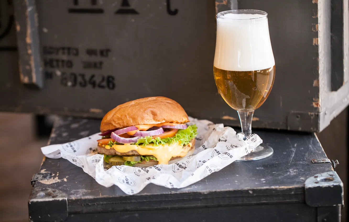 Photo wallpaper beer, Hamburger, filling