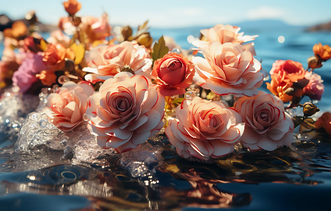 Photo wallpaper water, flowers, roses, bouquet, AI art, neural network