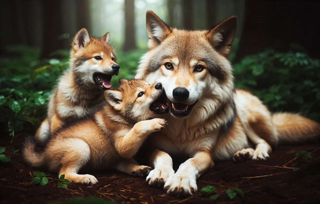 Photo wallpaper forest, look, face, the game, wolf, wolf, mother, AI art