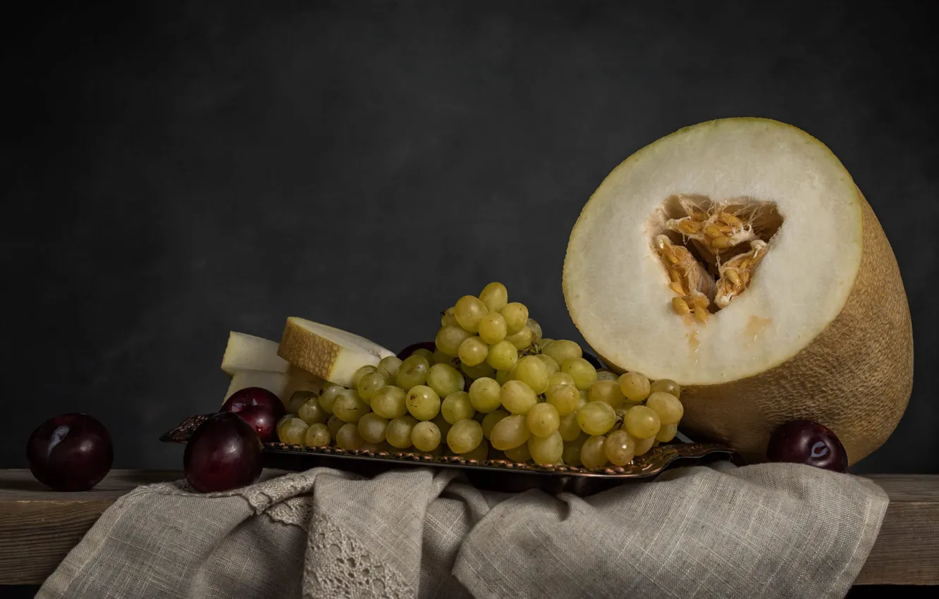 Photo wallpaper table, towel, grapes, fruit, still life, plum, slices, tray
