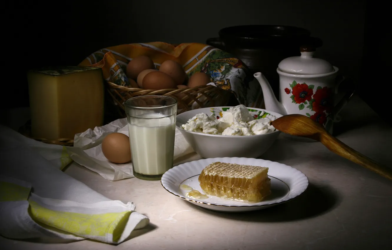 Photo wallpaper glass, the dark background, table, food, eggs, cell, cheese, kettle