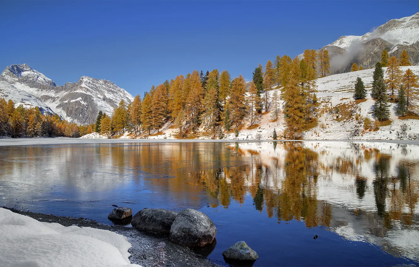 Photo wallpaper autumn, snow, trees, mountains, lake