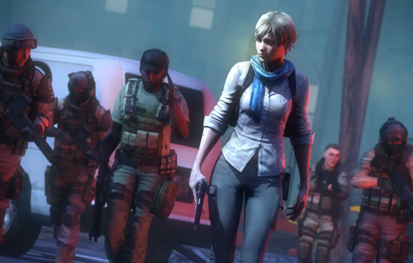 Photo wallpaper girl, gun, street, soldiers, blonde, Resident Evil, Capcom, Sherry Birkin