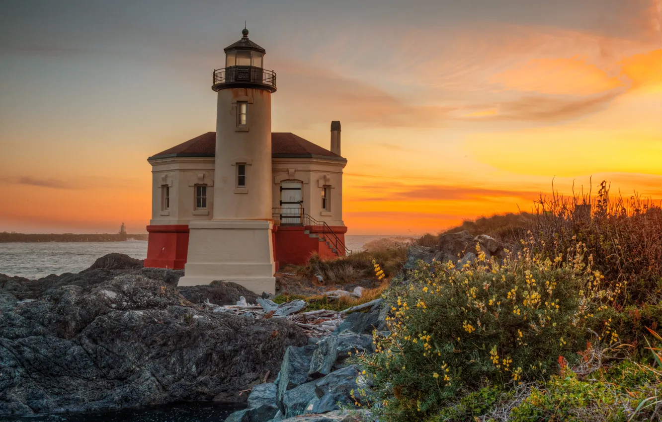 Photo wallpaper landscape, sunset, nature, river, stones, vegetation, lighthouse, Oregon