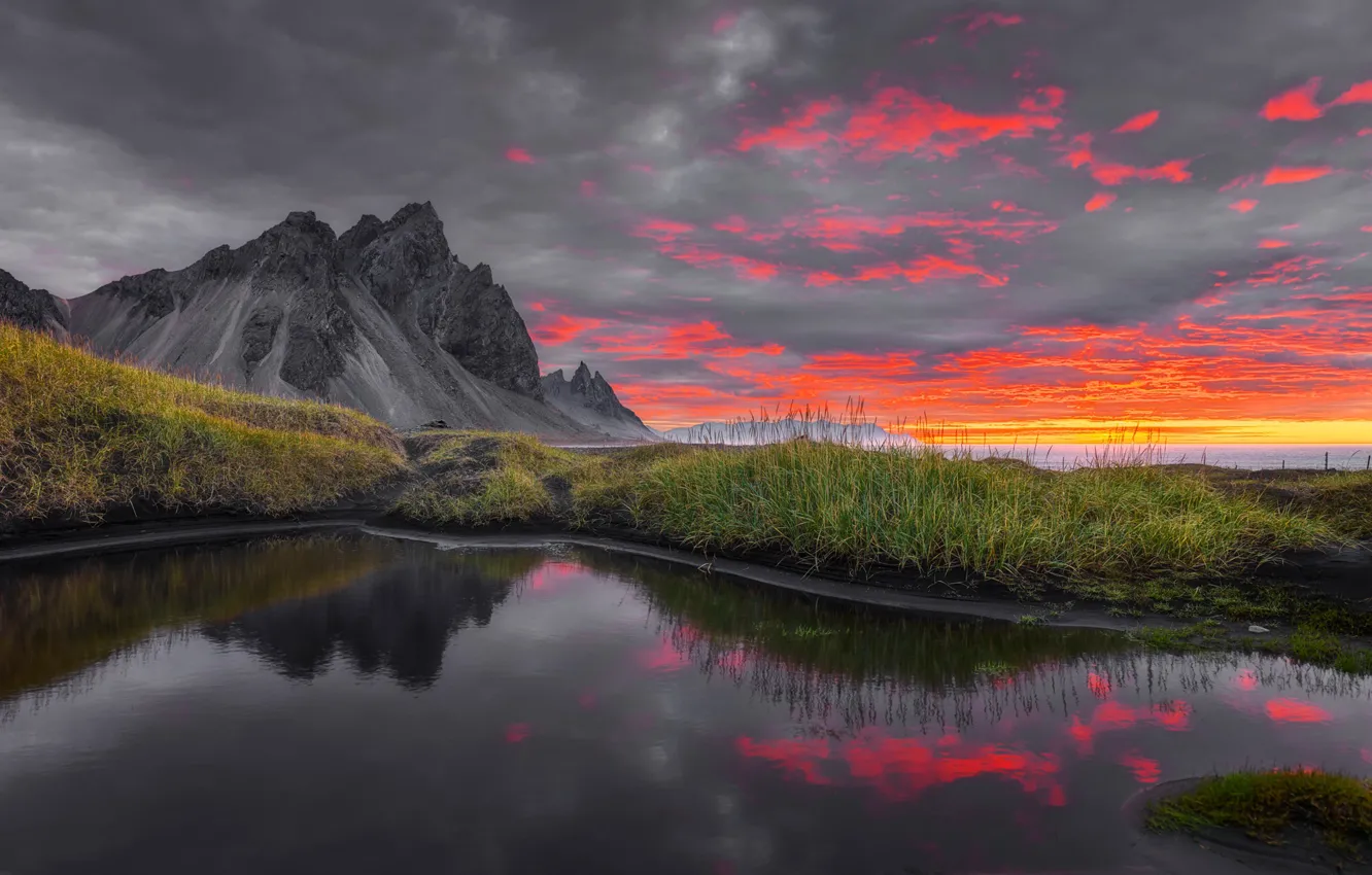 Photo wallpaper mountains, sunrise, dawn, morning, Iceland, Iceland, Stokksnes, Have stoknes