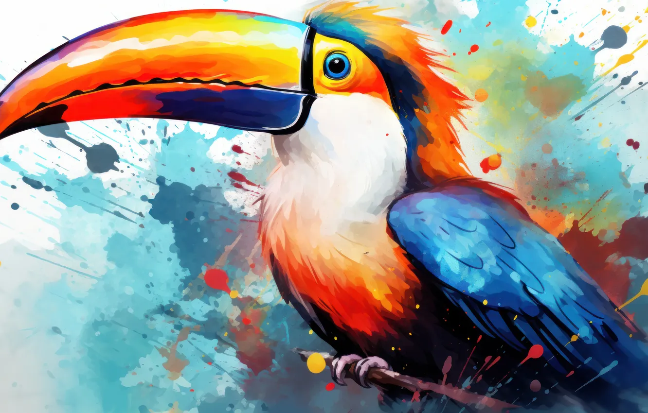Photo wallpaper look, bird, divorce, watercolor, blots, painting, Toucan, imitation of watercolor