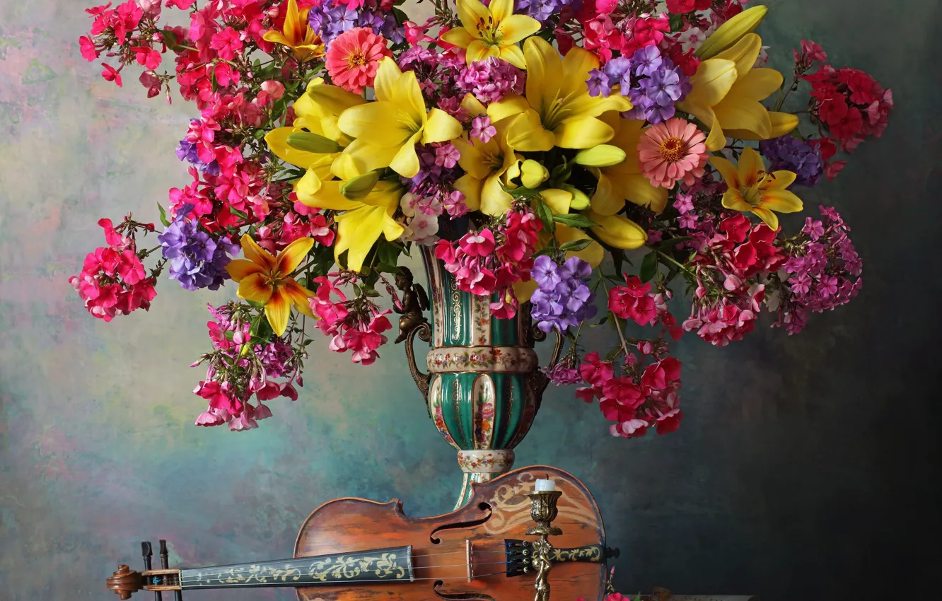Photo wallpaper flowers, style, background, violin, Lily, bouquet, vase, still life