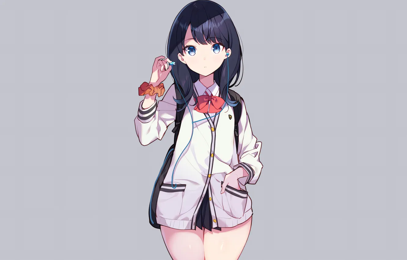 Photo wallpaper girl, long hair, anime, headphones, blue eyes, beautiful, pretty, bow