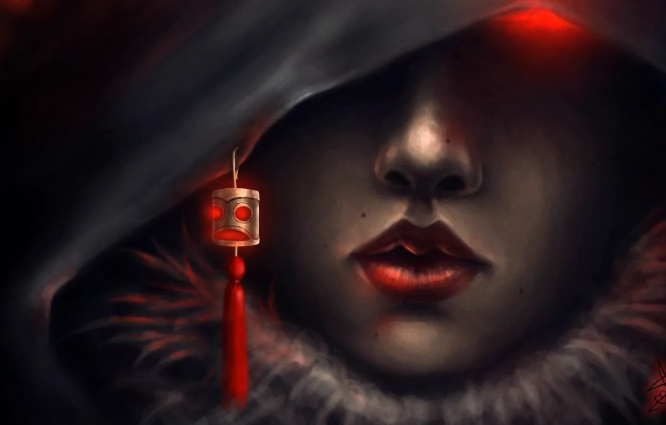 Photo wallpaper eyes, girl, art, hood, amulet, suspension, brush