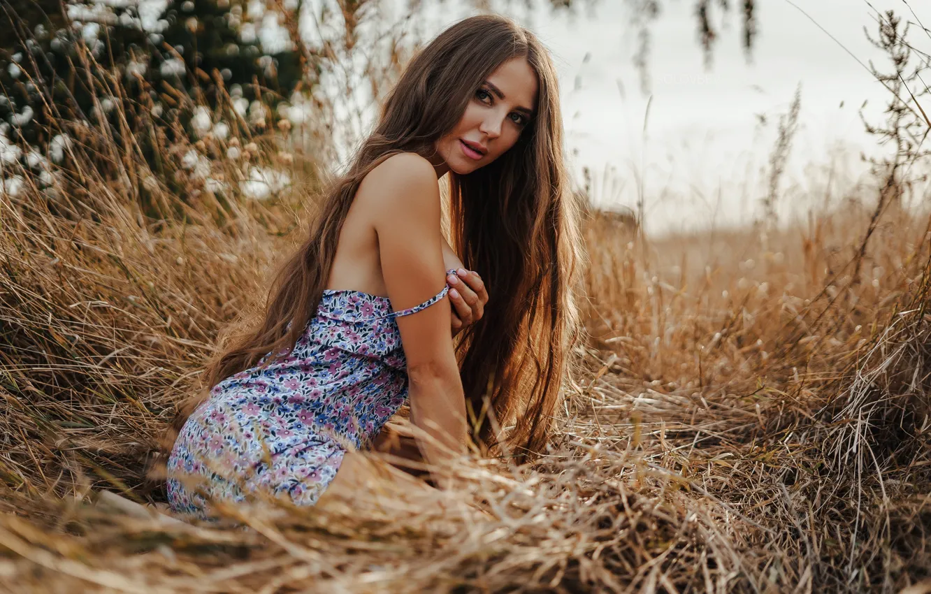 Photo wallpaper grass, look, girl, pose, long hair, Artem Soloviev, ARTEM SOLOVЬEV