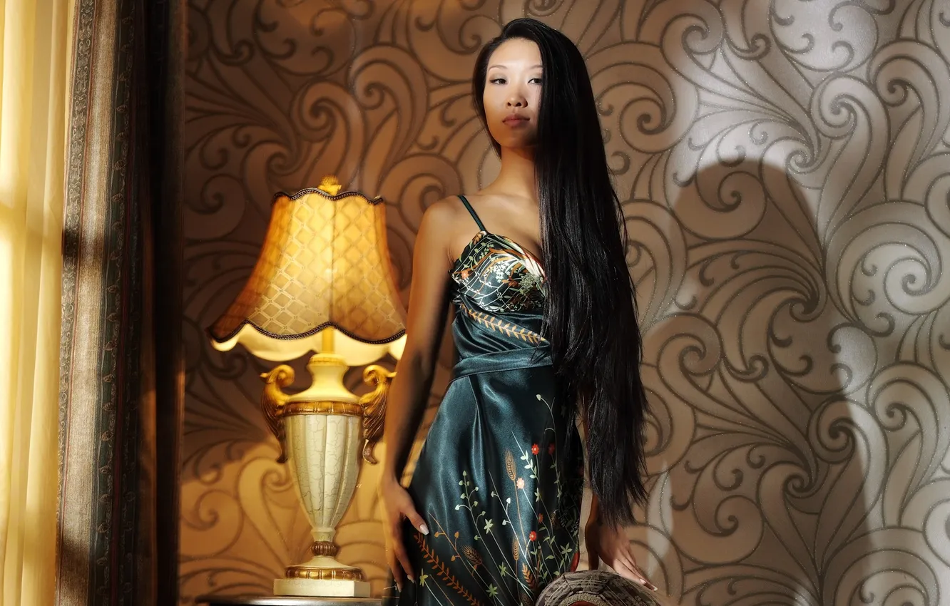 Photo wallpaper look, girl, shadow, dress, brunette, window, lamp, Asian