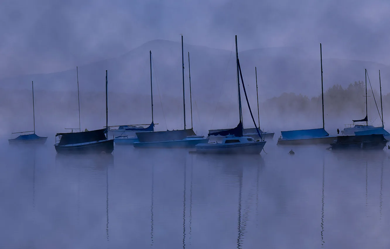 Wallpaper the sky, fog, mountains, yacht, boat, lake for mobile and ...