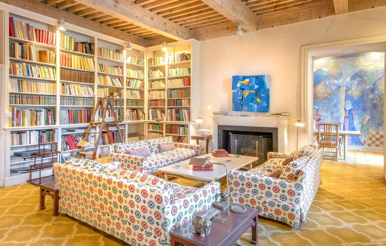 Photo wallpaper castle, interior, lighting, fireplace, library, living room, Uzes, Chateau-de-Castille