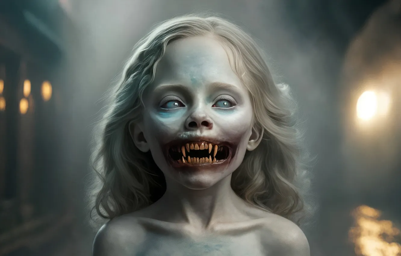 Photo wallpaper look, smile, girl, fangs, grin, demoness, undead, digital art