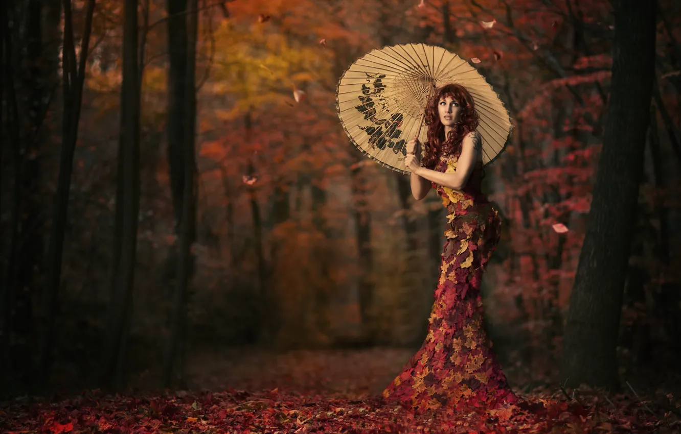 Photo wallpaper leaves, girl, umbrella