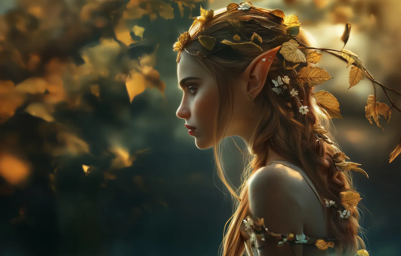 Photo wallpaper girl, fantasy, leaves, elf, digital art, artwork, fantasy art, fall