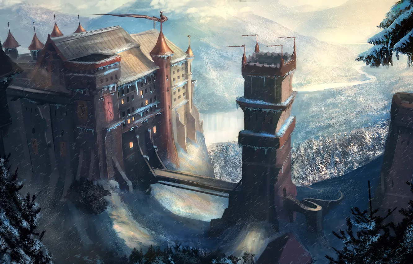 Photo wallpaper snow, mountains, bridge, castle, fantasy, art, tower, fantasy