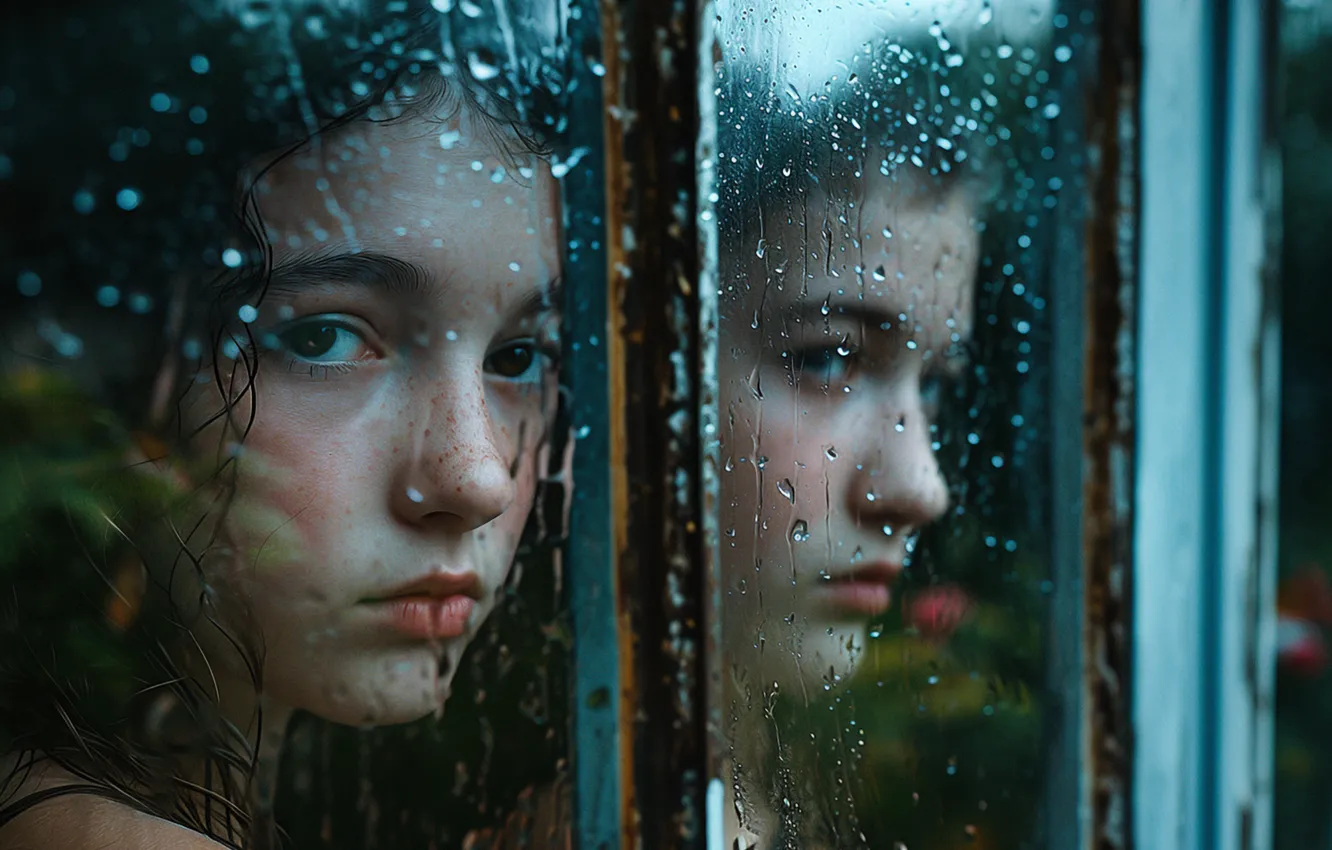 Photo wallpaper glass, drops, rain, portrait, girl, AI art, neural network
