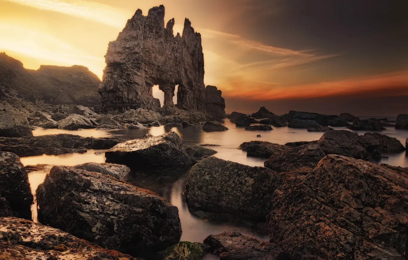 Photo wallpaper sea, sunset, stones, rocks, coast, Spain