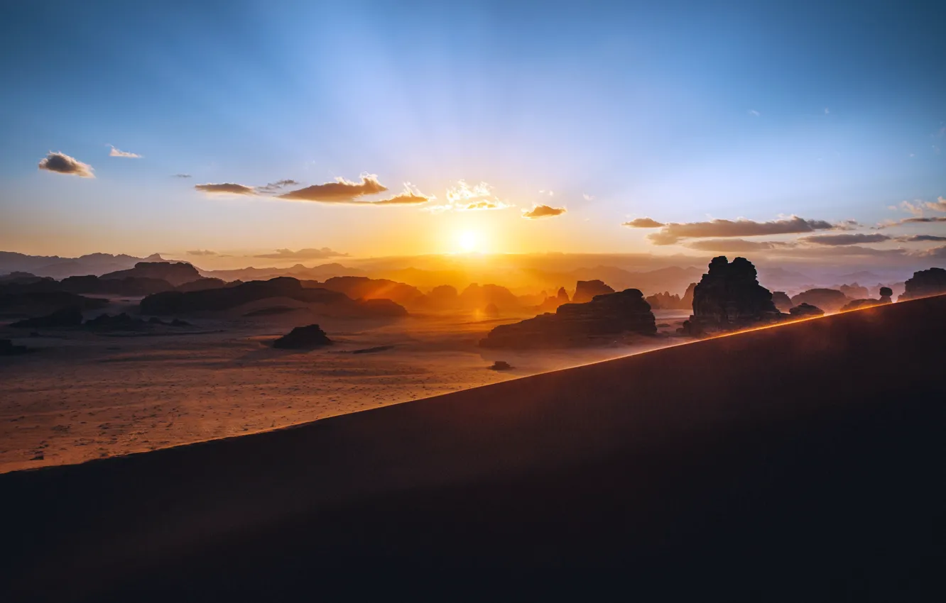 Photo wallpaper sunset, desert, desert, sunset, Saudi Arabia, Saudi Arabia, Lonely Journey, Lonely journey