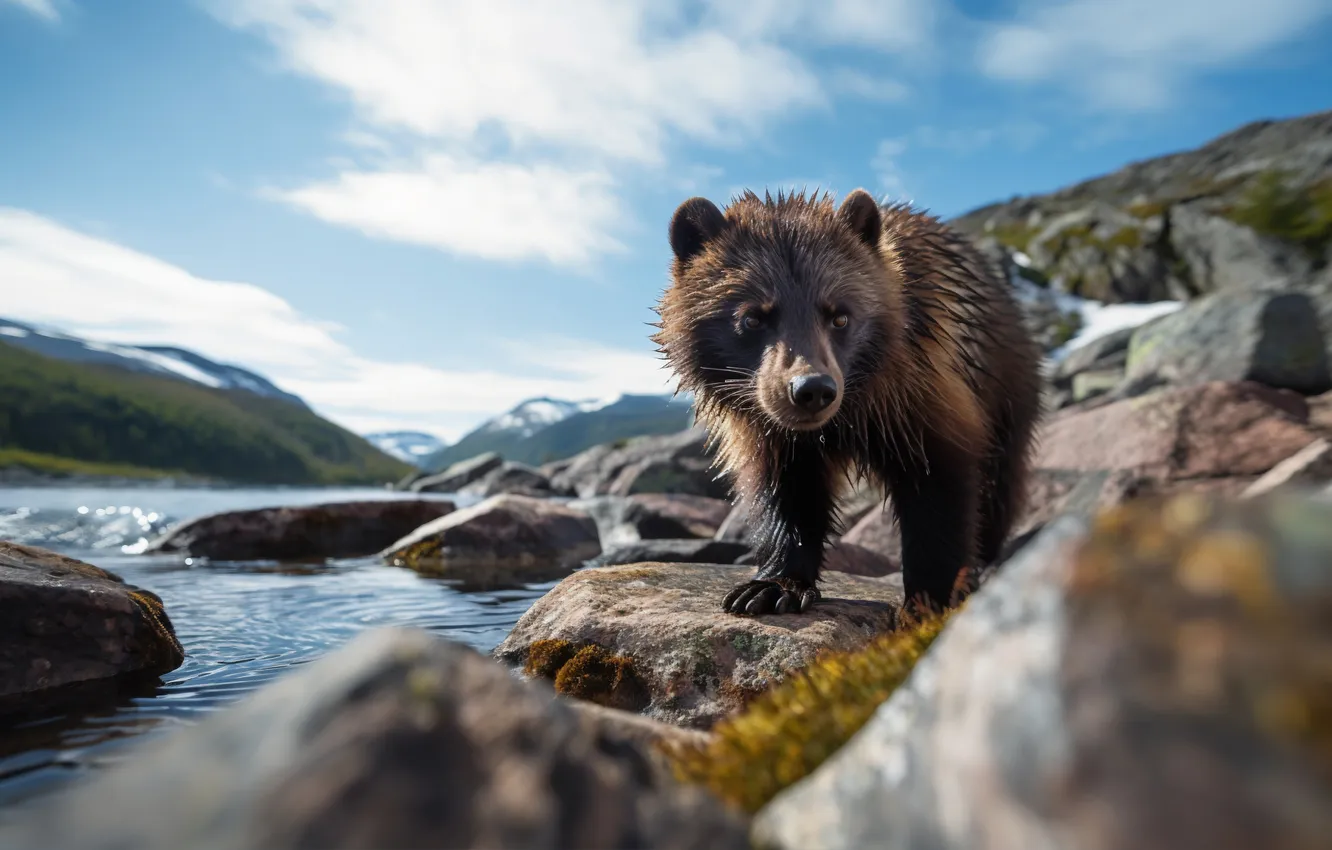 Photo wallpaper stones, wet, bear, bear, river, brown bear, digital art, AI art