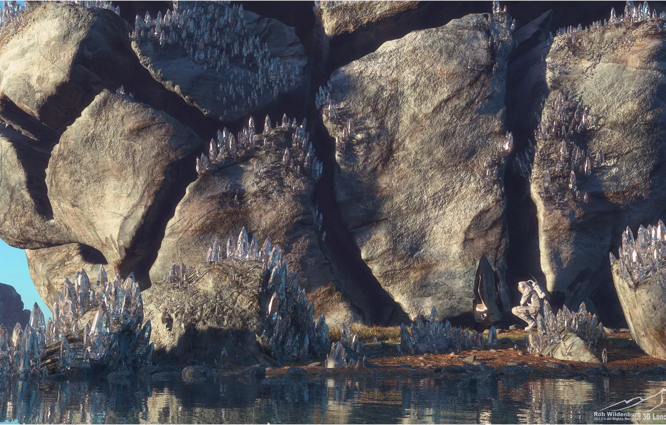 Photo wallpaper water, rocks, shore, crystals, minerals