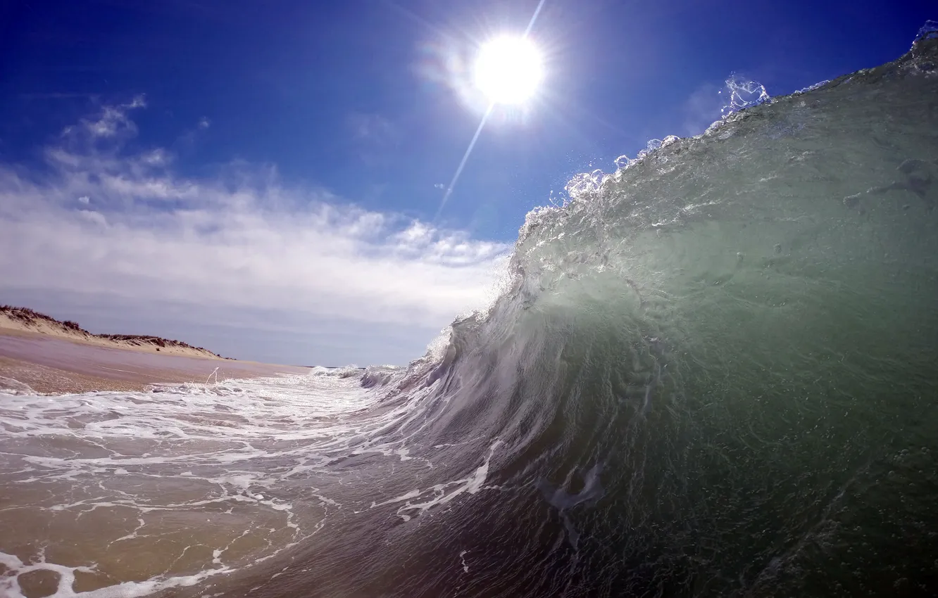 Photo wallpaper sea, wave, the sky, the sun, clouds, shore