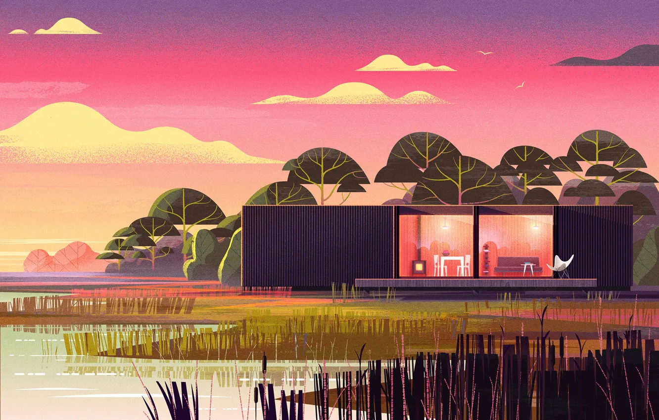 Photo wallpaper shore, reed, structure, pond, Nomadic Homes Illustrations